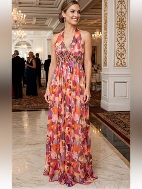 bcbgmaxazria orange and pink chiffon cocktail dress BCBGMAXAZRIA Square Neck Color Block Gown - 100% Exclusive Women